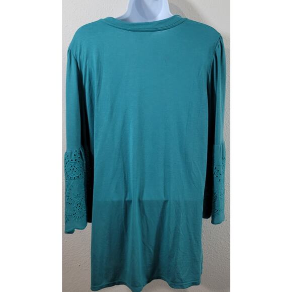 Time And Tru Teal Eyelet Bell 3/4 Sleeves Top XL Lightweight Soft Stretchy Flowy - Picture 6 of 6